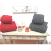 Dolls House Towels 4 Grey & Red with Miniature Bath Salts and Ornament Jars 1:12th Scale Bathroom
