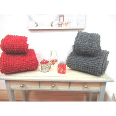 Dolls House Towels 4 Grey & Red with Miniature Bath Salts and Ornament Jars 1:12th Scale Bathroom