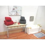 Dolls House Towels 4 Grey & Red with Miniature Bath Salts and Ornament Jars 1:12th Scale Bathroom