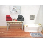 Dolls House Towels 4 Grey & Red with Miniature Bath Salts and Ornament Jars 1:12th Scale Bathroom