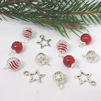 Dolls House Christmas Tree Decorations 12 Red Silver Miniature Baubles and Stars 1:12th Scale