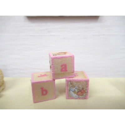 Dolls House Toy Letter Blocks Peter Rabbit Theme Set of 3 Pink Nursery Playroom Miniature 1:12 Scale
