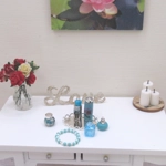 Dolls House Perfume Bottles Blue Silver with Necklace & Tray Miniature Accessories 1:12th Scale