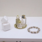 Dolls House Miniature Perfume Bottles Gold and White with Necklace Tray & Tissue Box 1:12 Scale