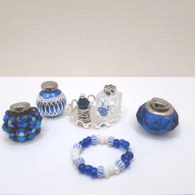 Dolls House Perfume Bottles Blue Silver with Necklace and Tray Miniature Accessories 1:12th Scale