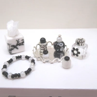 Dolls House Perfume Bottles and Jars Black Silver with Mini Necklace Tissue Box and Tray 1:12 Scale