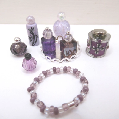 Dolls House Perfume Bottles Purple Silver with Necklace and Tray Miniature Accessories 1:12 Scale