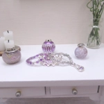 Dolls House Perfume Ornament Bottles Lilac Silver with Necklaces & Tray Mini Accessories 1:12 Scale