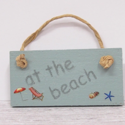 Dolls House Sign At the Beach Blue Miniature Hanging Wooden Notice 1:12th Scale Decor