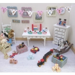 Dolls House Nursery Bunting Peter Rabbit 8 Miniature Pink Wood Flags 1:12 Scale