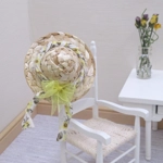 Dolls House Straw Hat with Yellow and Grey Ribbon and Organza Bow Mini Clothes Accessory 1:12 Scale