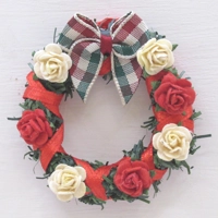 Dolls House Christmas Wreath Miniature Red and Cream Roses with a Tartan Bow 1:12 Scale