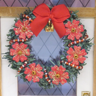 Dolls House Christmas Wreath with a Red Gold Bead Garland & Flowers Miniature Door Decor 1:12 Scale