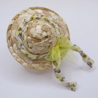 Dolls House Straw Hat with Yellow and Grey Ribbon and Organza Bow Mini Clothes Accessory 1:12 Scale