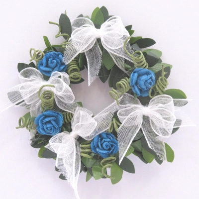 Dolls House Wreath Blue Flowers and White Bows 1:12th Scale Miniature Door Decoration