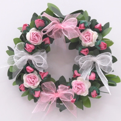 Dolls House Wreath Pink & White Flowers and Bows 1:12th Scale Miniature Door Decoration