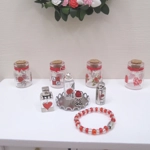 Dolls House Perfume Bottles Tray & Necklace Red Silver 1:12th Scale Dressing Table Miniatures