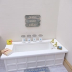 Dolls House Bathroom Wall Decor Sign Wash Soak Relax Blue Vintage Style Wood 1:12th Scale Miniature