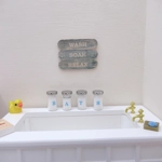 Dolls House Bathroom Wall Decor Sign Wash Soak Relax Blue Vintage Style Wood 1:12th Scale Miniature