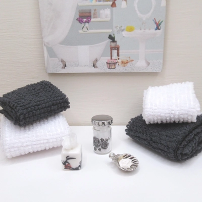 Dolls House Towels 4 Black and White with Miniature Bath Salts, Tissue Box, Soap & Dish 1:12th Scale