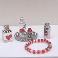 Dolls House Perfume Bottles Tray & Necklace Red Silver 1:12th Scale Dressing Table Miniatures