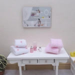 Dolls House Towels 4 Pink & White with Miniature Bath Salts and Ornament Jars 1:12th Scale Bathroom