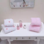 Dolls House Towels 4 Pink & White with Miniature Bath Salts and Ornament Jars 1:12th Scale Bathroom