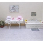 Dolls House Towels 4 Pink & White with Miniature Bath Salts and Ornament Jars 1:12th Scale Bathroom