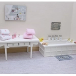 Dolls House Towels 4 Pink & White with Miniature Bath Salts and Ornament Jars 1:12th Scale Bathroom