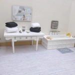 Dolls House Towels 4 Black and White with Miniature Bath Salts, Tissue Box, Soap & Dish 1:12th Scale