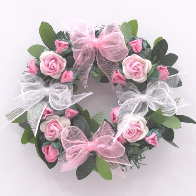 Dolls House Wreath Pink & White Flowers and Bows 1:12th Scale Miniature Door Decoration
