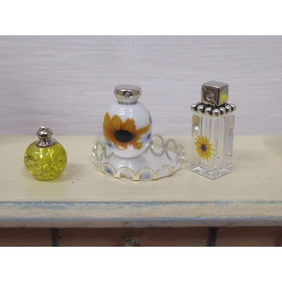 Miniature Perfume Bottles and Silver Coloured Tray Sunflower Theme Dolls House Bedroom 1:12 Scale