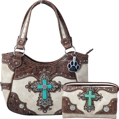 Western Turquoise Cross Laser Cut Concealed Carry Handbag and Wallet
