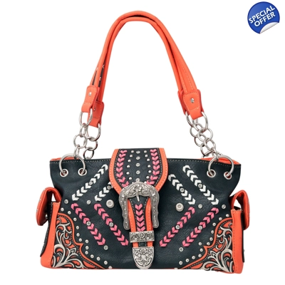 Western Handbag Floral Buckle Carry Concealed Whipstitch Purse