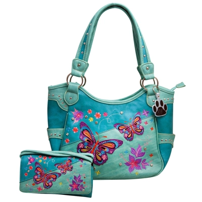 Butterfly Purse Western Embroidered Concealed Carry Handbag Wallet Set