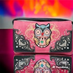 Western Owl Art Heart Crossbody Wristlet Clutch Wallet Small Purse