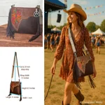 Western Fringe Crossbody Purse-Vegan Leather Boho Bag Cowgirl Shoulder Handbag Embroidered Flower