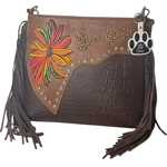Western Fringe Crossbody Purse-Vegan Leather Boho Bag Cowgirl Shoulder Handbag Embroidered Flower