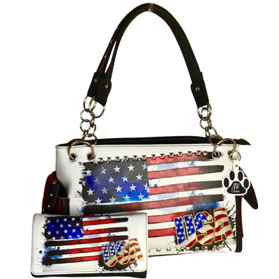 USA American Flag Purse and Wallet Set-Patriotic Stars and Stripes Shoulder Bag Women