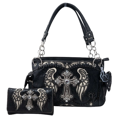 Western Handbag Rhinestone Cross Wings Conceal Carry Purse Wallet