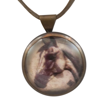 Rebecca Ray Equestrian Grey Horse Rosette Pendant Brown Necklace, 19"