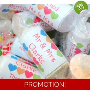 10 x Personalised Love Heart wedding favour sweets, wrappers attached