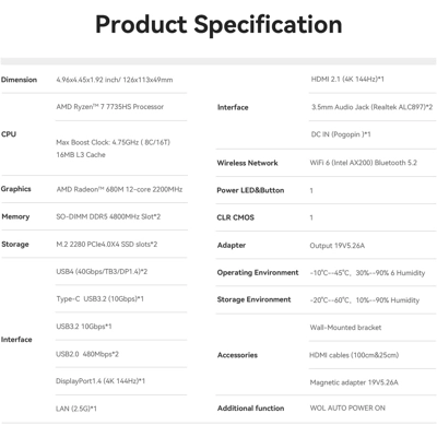 Beelink SER6 MAX Mini PC, AMD Ryzen 7 7735HS, 32GB DDR5, 500GB PCle4.0 SSD