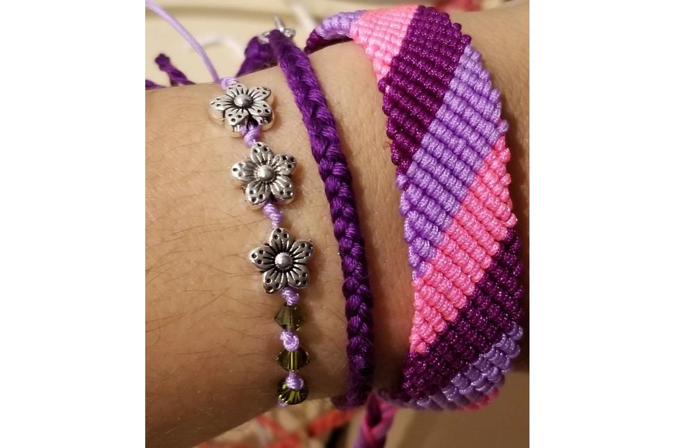 Flower Swarovski beads+ Purple Braided Bracelets + Wide Flat Braided Bracelet