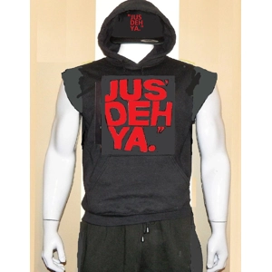 "JUS' DEH YA." (red ink) hoodie "de-sleeved"