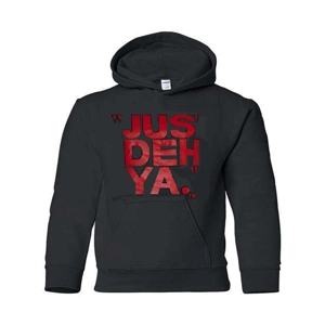 "JUS' DEH YA," (red ink) youth hoodie