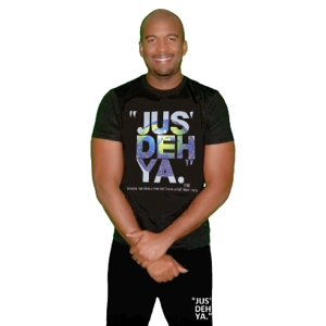 "JUS' DEH YA." Globe graphic t-shirt