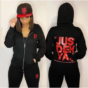 "JUS' DEH YA." (red ink) zip hoodie
