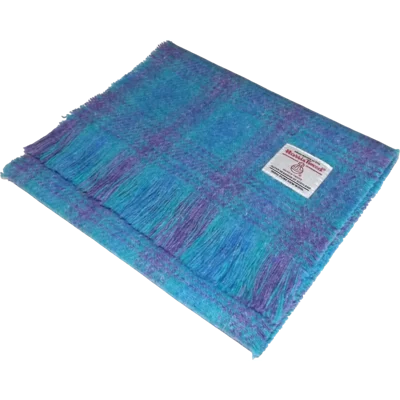 Simple Fringed Unlined Harris Tweed® Scarf Turquoise, Purple & Blue Check