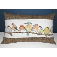 Herringbone Check Harris Tweed Cushion with Laura Ashley Garden Birds Fabric - Cushion Pad included